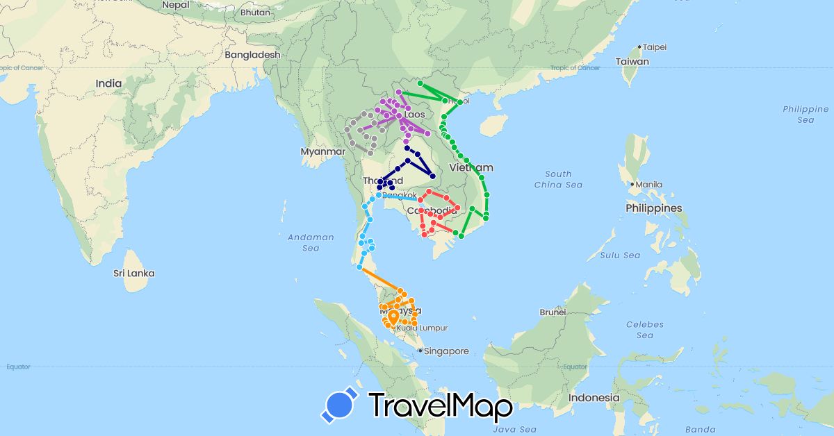 TravelMap itinerary: driving, bus, plane, train, hiking, boat, hitchhiking in Cambodia, Laos, Malaysia, Thailand, Vietnam (Asia)